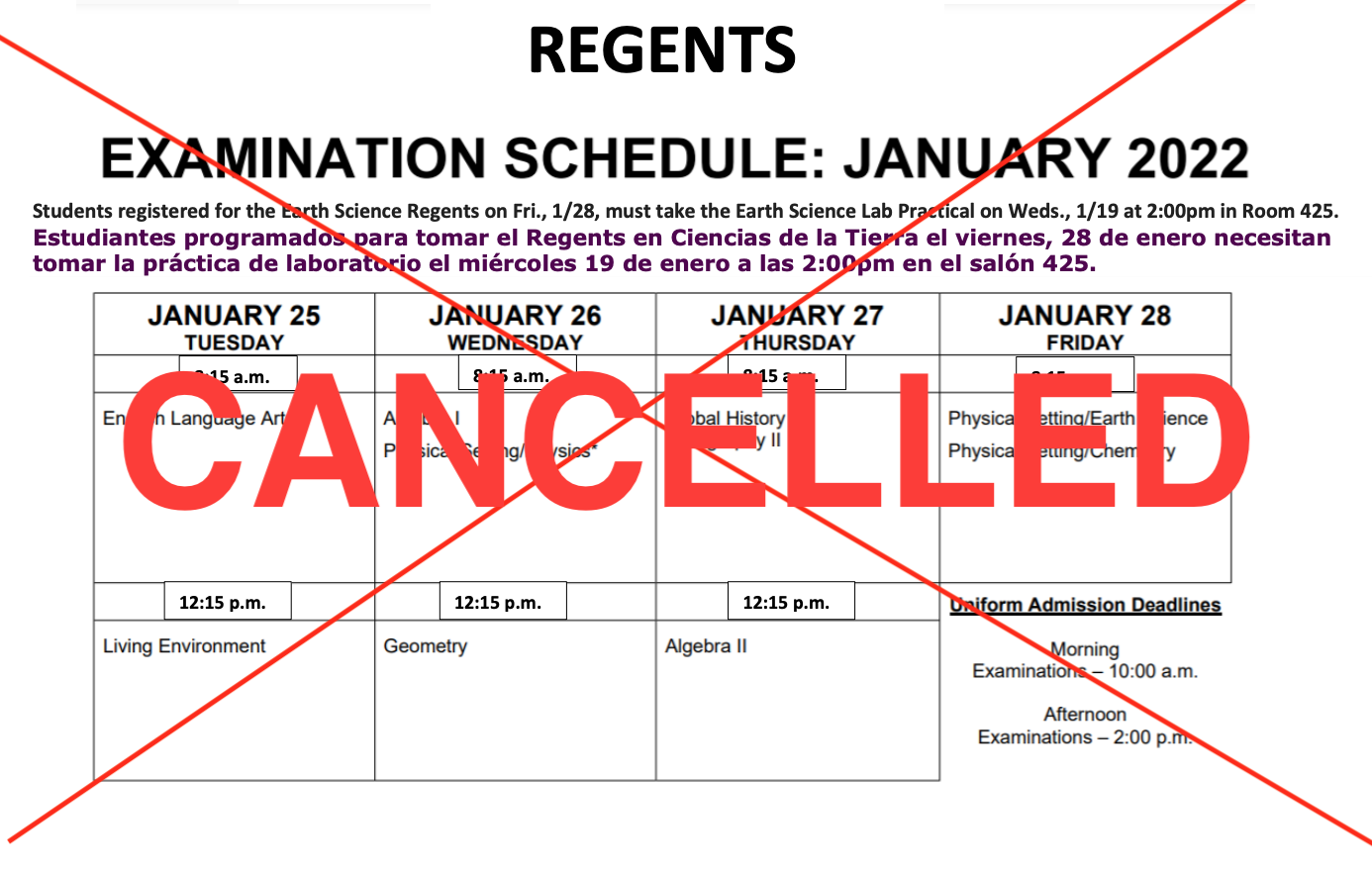 Jan 2022 Regents Schedule Regents Schedule - Wchs